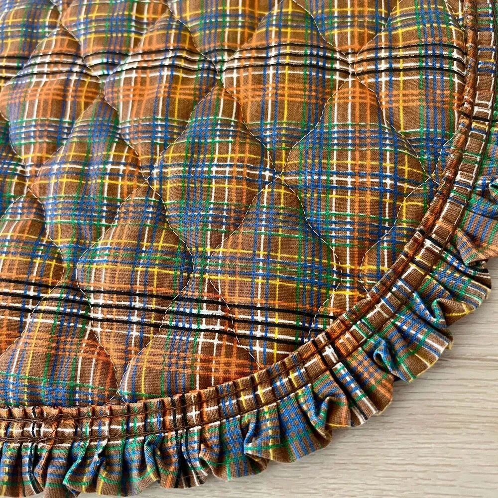 Vintage 70s Set of 4 Quilted Autumn Calico Patchwork Oval Placemats RuffleTrim